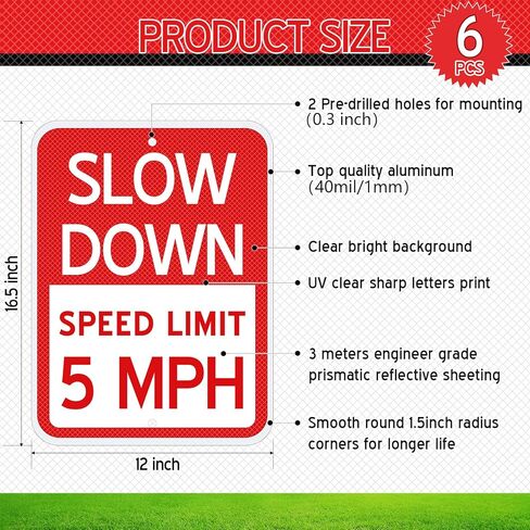 Silkfly 6 Pcs Yellow 5 Mph Signs Slow Down Speed Limit 16.5 x12 Inch Speed Limit Safety Sign Reflective Thickened Aluminum with Ink Rust Resistant UV Protected and Weatherproof Easy Mounting in Saudi Arabia