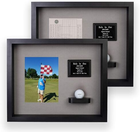 Hole in One Shadowbox and Golf Ball Display Case | Personalized Engraved Plate | Holds Golf Ball and Scorecard or Photo | Vertical Layout | Cherry Finis | Wall Mounted in Saudi Arabia