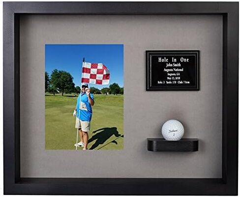 Hole in One Shadowbox and Golf Ball Display Case | Personalized Engraved Plate | Holds Golf Ball and Scorecard or Photo | Vertical Layout | Cherry Finis | Wall Mounted in Saudi Arabia