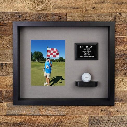 Hole in One Shadowbox and Golf Ball Display Case | Personalized Engraved Plate | Holds Golf Ball and Scorecard or Photo | Vertical Layout | Cherry Finis | Wall Mounted in Saudi Arabia