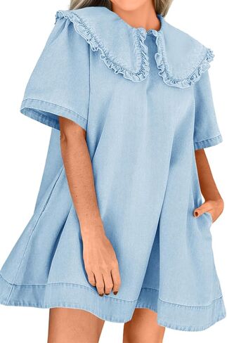 Wenrine Womens Summer Denim Mini Dress كبير الحجم بيتر بان ذوي الياقات القصيرة الأكمام غير الرسمية in Kuwait