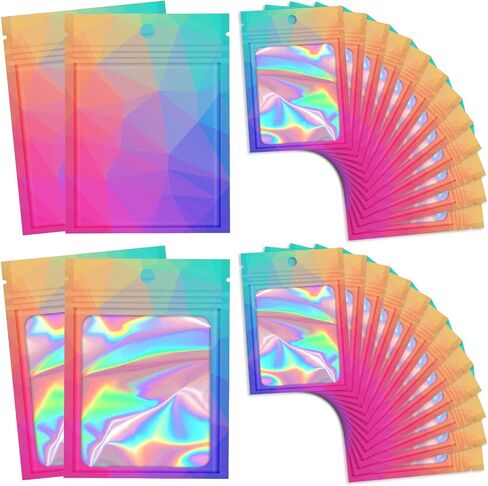 100 Pieces Resealable Bags with Clear Window, Holographic Gradient Packaging Bags Transparent Small Business Pouch Party Mylar Zip Bags Sample Bags (Multicolor, 3.5x4.7 Inch) in Saudi Arabia