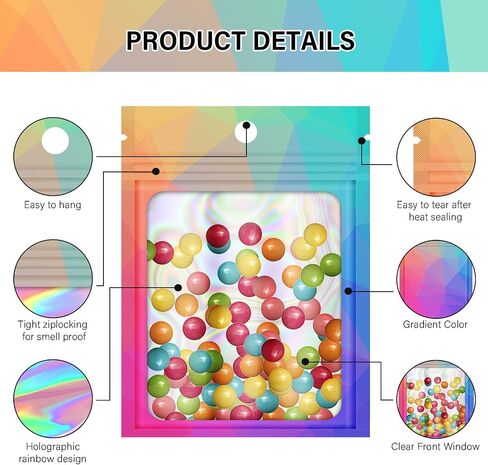 100 Pieces Resealable Bags with Clear Window, Holographic Gradient Packaging Bags Transparent Small Business Pouch Party Mylar Zip Bags Sample Bags (Multicolor, 3.5x4.7 Inch) in Saudi Arabia