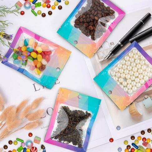 100 Pieces Resealable Bags with Clear Window, Holographic Gradient Packaging Bags Transparent Small Business Pouch Party Mylar Zip Bags Sample Bags (Multicolor, 3.5x4.7 Inch) in Saudi Arabia