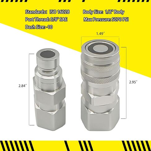 5/8" SAE - Flat Face Hydraulic Quick Connect Coupler Set for Skid Steer Loader, Heavy-Duty Carbon Steel Coupling Fittings with 1/2" Body and Dust Cap in Saudi Arabia