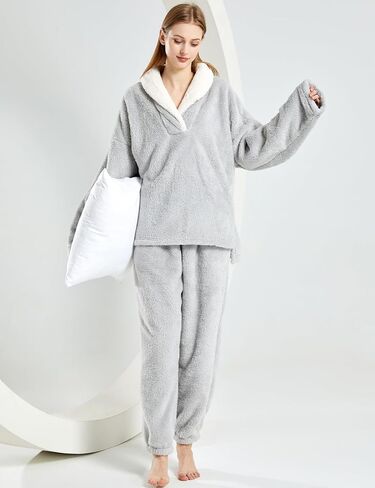 Gihuo Women' s Fluffy Pajamas Set Fleece Pullover Pants Loose Plush Sleepwear 2 Piece Pjs Set Warm Loungewear Fuzzy in Saudi Arabia