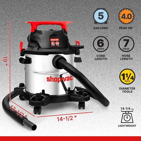 SHOP-VAC 5430162 فراغ رطب/جاف ، 5 جالون ، 4 ذروة HP ، 1-1/4 بوصة خرطوم × 7 أقدام ، حبل 6 أقدام ، مثالي لموقع العمل ، المرآب ، ورشة العمل والمنزل in Saudi Arabia