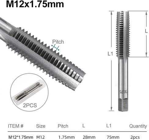 Right Hand Tap Drill Hand Tools Screw Thread Metric Plug Taps Metal Threading Tool 2Pcs(2pcs M12x1.75) in Kuwait
