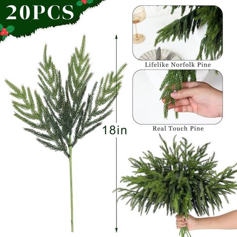20 Pcs Christmas Norfolk Pine Branches -18" Real Touch Artificial Norfolk Pine Branch Faux Plants Stem Fake Greenery Pine Picks for Vase DIY Crafts Garland Wreath Home Indoor Outdoor Decoration in Kuwait