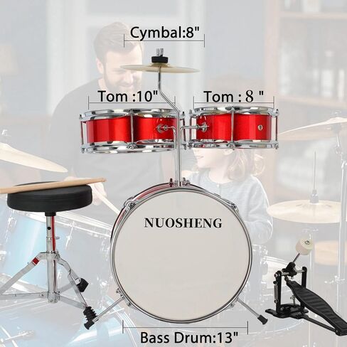 مجموعة أسطوانة الأطفال من 3 قطع للمبتدئين ، مجموعة طبل 13 بوصة مع عرش قابل للتعديل ، الصنج ، دواسة وطبلة ، مجموعة طبل صغار مع طبل باس توم ، الأحمر in Kuwait