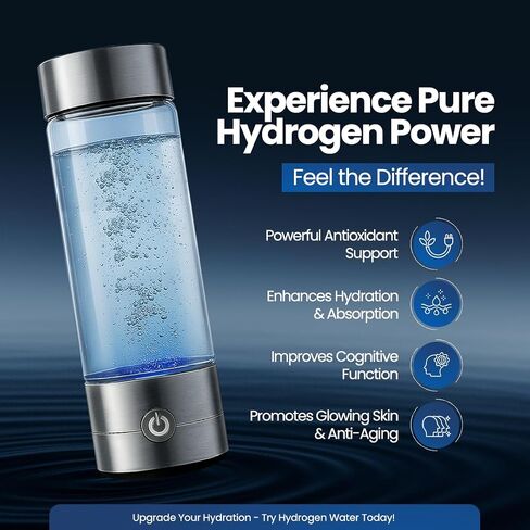 2025 New Glass Hydrogen Water Bottle Generator, 14oz/420ml with 2200ppb in 3 min SPE/PEM Technology, Portable H₂ Maker Water ionizer Machine for Home, Office & Travel, Rechargeable in Saudi Arabia