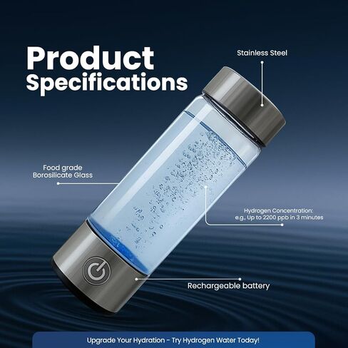 2025 New Glass Hydrogen Water Bottle Generator, 14oz/420ml with 2200ppb in 3 min SPE/PEM Technology, Portable H₂ Maker Water ionizer Machine for Home, Office & Travel, Rechargeable in Saudi Arabia