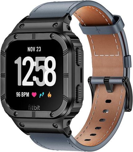 Leather Bands with Stainless Steel Case Compatible with Fitbit Versa 1 2 3 4 Lite Sense 2 1 Protective case for men in Kuwait