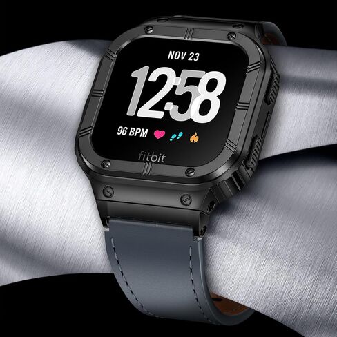 Leather Bands with Stainless Steel Case Compatible with Fitbit Versa 1 2 3 4 Lite Sense 2 1 Protective case for men in Kuwait