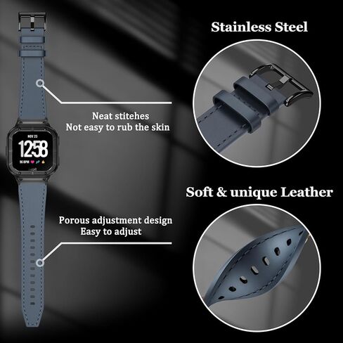 Leather Bands with Stainless Steel Case Compatible with Fitbit Versa 1 2 3 4 Lite Sense 2 1 Protective case for men in Kuwait