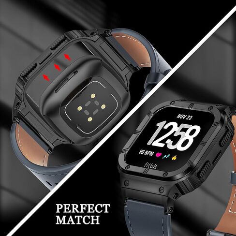 Leather Bands with Stainless Steel Case Compatible with Fitbit Versa 1 2 3 4 Lite Sense 2 1 Protective case for men in Kuwait