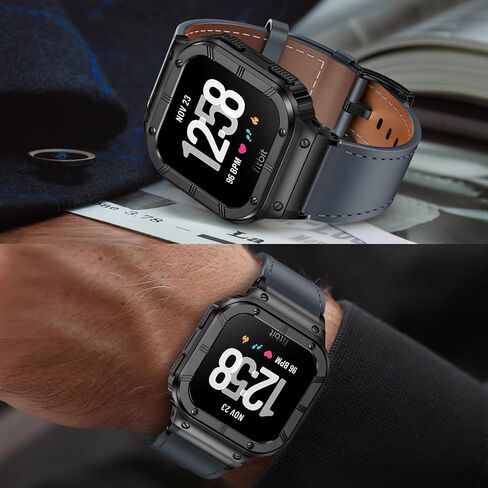 Leather Bands with Stainless Steel Case Compatible with Fitbit Versa 1 2 3 4 Lite Sense 2 1 Protective case for men in Kuwait