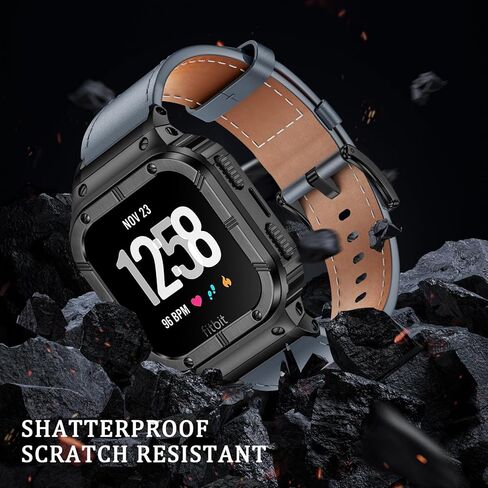 Leather Bands with Stainless Steel Case Compatible with Fitbit Versa 1 2 3 4 Lite Sense 2 1 Protective case for men in Kuwait