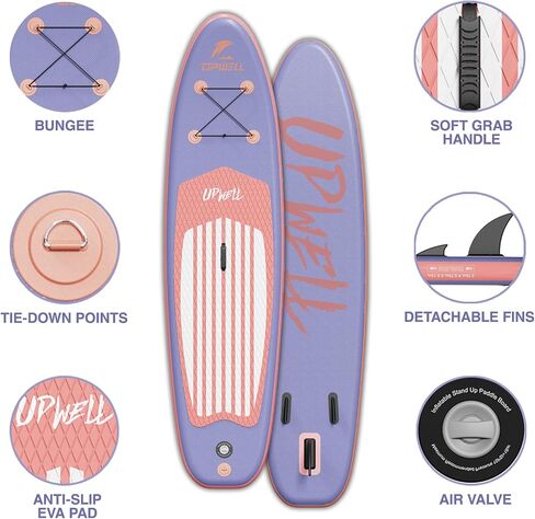 UPWELL 11’6"/11'2"/11'/10'8"/10'6"/10'2" Inflatable Stand Up Paddle Board with sup Accessories Including Backpack, Repairing Kits, Non-Slip Deck, Leash, 3 Fins, Paddle and Hand Pump in Kuwait