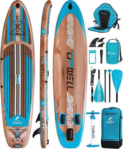 UPWELL 11’6"/11'2"/11'/10'8"/10'6"/10'2" Inflatable Stand Up Paddle Board with sup Accessories Including Backpack, Repairing Kits, Non-Slip Deck, Leash, 3 Fins, Paddle and Hand Pump in Kuwait