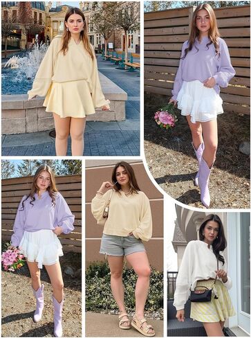 Fisoew Womens Oversized Sweatshirt Casual V Neck Lace Lantern Long Sleeve Cropped Loose Fit Fall Pullover Tops in Saudi Arabia