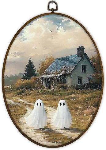 Gnmduw Ghost Wall Art Framed, Halloween Wall Art, Ghost Wall Decor, Moody Pumpkin Round Hanging Wall Decor, Gothic Academia Ghosts Canvas Prints Art for Cottage Core Living Room Bathroom, 10x10 Inch in Kuwait