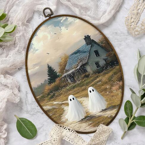 Gnmduw Ghost Wall Art Framed, Halloween Wall Art, Ghost Wall Decor, Moody Pumpkin Round Hanging Wall Decor, Gothic Academia Ghosts Canvas Prints Art for Cottage Core Living Room Bathroom, 10x10 Inch in Kuwait