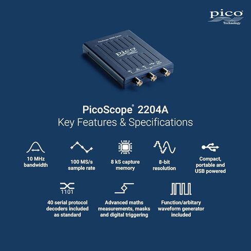 Picoscope 2204A OSCilloscope 2 قنوات 10 ميغاهيرتز ، 8 كيلوغرام من الذاكرة ، معدل العينة 100 مللي ثانية/ثانية ، نطاق مختبر USB PC المحمول المحمول مع مولد الموجة ، برامج PS7 ، دون تحقيقات in Saudi Arabia