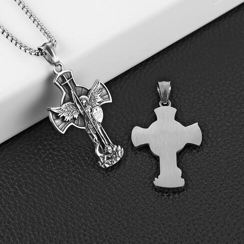 HZMAN St. Michael Archangel Cross Necklace for Men Stainless Steel Retro Angel Exorcism Protect Amulet Pendant in Saudi Arabia