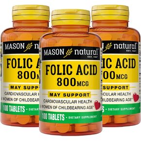 MASON NATURAL Folic Acid 800 mcg - Helps Nervous System Function, Daily Supplement for Health, Mood and Prenatal Care, for Women of Childbearing Age, 100 Tablets (Pack of 3)