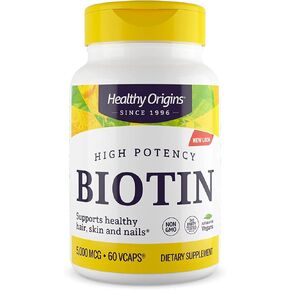 Healthy Origins Ultra-Potency Biotin (B7), 5,000 mcg - Supports Skin, Hair & Nails - High-Grade Vitamin B7 - Non-GMO, Gluten-Free Biotin for Vegans - 60 Veggie Capsules