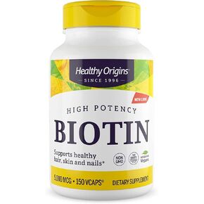 Healthy Origins Ultra-Potency Biotin (B7), 5,000 mcg - Supports Skin, Hair & Nails - High-Grade Vitamin B7 - Non-GMO, Gluten-Free Biotin for Vegans - 60 Veggie Capsules