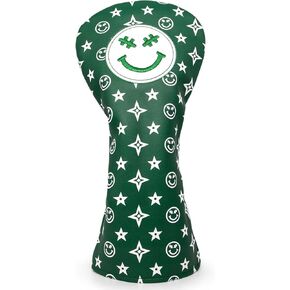 Stars and Smiles Golf Club Covers for Driver, Fairway, Hybrids - 4 Options - Golf Driver Headcover/ Golf Fairway Wood Head Cover/ Hybrid Headcover for Men/ Women Golfer - White Synthetic Leather Golf Headcover