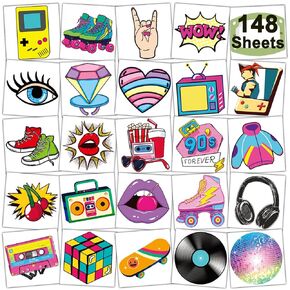 148 PCS 90s 80s Theme Temporary Tattoos for Kids - Retro Individual Tattoos for Boys Girls 90s Birthday Party Favors Goodie Bag Fillers