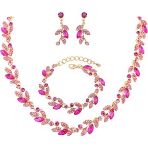 Elegant Leaves Choker Necklace Dangle Earring Link Bracelet Crystal Jewelry Set for Brides Bridesmaid Prom Costume Accessories for Women #1115