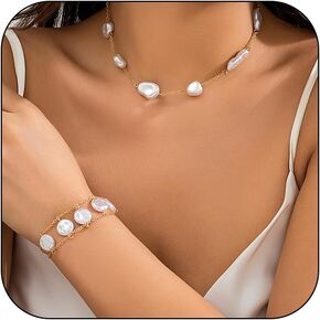 Dcfywl731 Pearl Choker Necklace Bracelet Jewelry Sets for Women Chunky Pearl Chain Necklace Gold Pearl Bracelets Snake Bone Chain Choker Pearl Jewelry Set for Wedding Prom Gifts