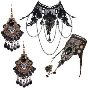 Black Choker Lace Necklace with Bracelet and Earrings Set - Punk Party Gothic Vintage Accessories for Women