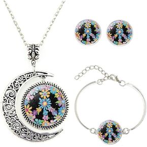 Hippie Peace Sign Jewelry Set 80s 90s Hot Pink Floral Peace Symbol Necklace Earrings and Bracelet 3pcs Peace Jewelry for Women Teens
