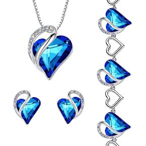 Leafael Infinity Love Heart Necklace, Stud Earrings, and Bracelet for Women, September Birthstone Crystal Jewelry, Silver Tone Gifts for Women, Rainbow Sapphire Blue