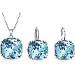 AOBOCO Sterling Silver Cushion Cut Square Crystal Earrings Necklace Embellished with Crystals from Austria, Hypoallergenic Fine Anniversary Birthday Jewelry Gifts for Women
