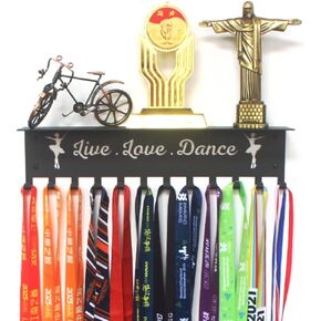 16" Premium Metal Wall Mount Dance Design Medal Hanger and Ribbon Display Holder Rack with 3" Trophy Shelf and Easy Hanging Hooks - Great Gift for Kids & Adults (Black)