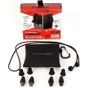 Plugfones Dynamics High Fidelity Earplugs and Full 29 NRR Earplugs 2 Pair Set for Concerts Musicians Shooting and More with Carabiner Pinch case and Removable Comfort Connector Cable