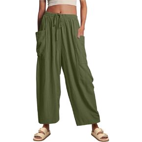 HangNiFang Cotton Linen Wide Leg Pants for Women High Waisted Beach Palazzo Harem Pants