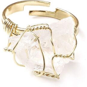 COLORFUL BLING Gold Tone Copper Wire Wrapped Irregular Quartz Nature Stone Crystal Gemstone Open Adjustable Rings Jewelry for Women Handmade Healing Chakra Gifts