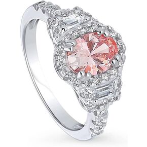 BERRICLE Sterling Silver 3-Stone Morganite Color Oval Cut Cubic Zirconia CZ Halo Fashion Ring for Women, Rhodium Plated Size 4-10