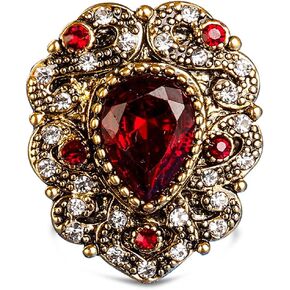 Gold Red Ruby Stone Ring for Women,Retro 14K Yellow Gold Plated Waterdrop Shap Gemstone Crystal Ring,Big Large Heart Shape Cocktail Party Chunky Dome Ring for Women Her