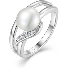 Women's Pearl Ring 925 Sterling Silver Cubic Zirconia Ring with 8mm Natural Freshwater Pearl Statement Ring for Women