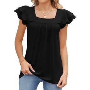 Women's Casual Square Neck Tunic Lace Short Sleeve Pleated Shirt