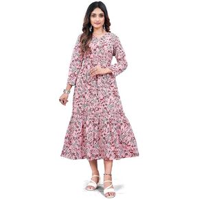 Pink Floral Print Flared Kurti with V-Neck For Women