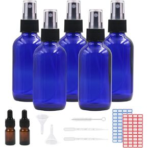 5Pcs Amber Boston Glass Spray Bottles for Essential Oils, 4oz Empty Small Fine Mist Spray Bottle with 5ml Dropper Bottles, Funnel, Pipette, Labels,Brush Travel Spray Bottle (120ml, Amber)
